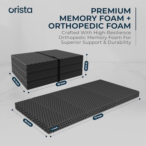Image of Orista Tri-Fold Foldable Orthopedic Foam Mattress Single Bed | 75x30x2.5 Inch | Compact & Portable, 3-Fold Design | Perfect for Floor Sleeping, Guests, and Travel | Black Jacquard