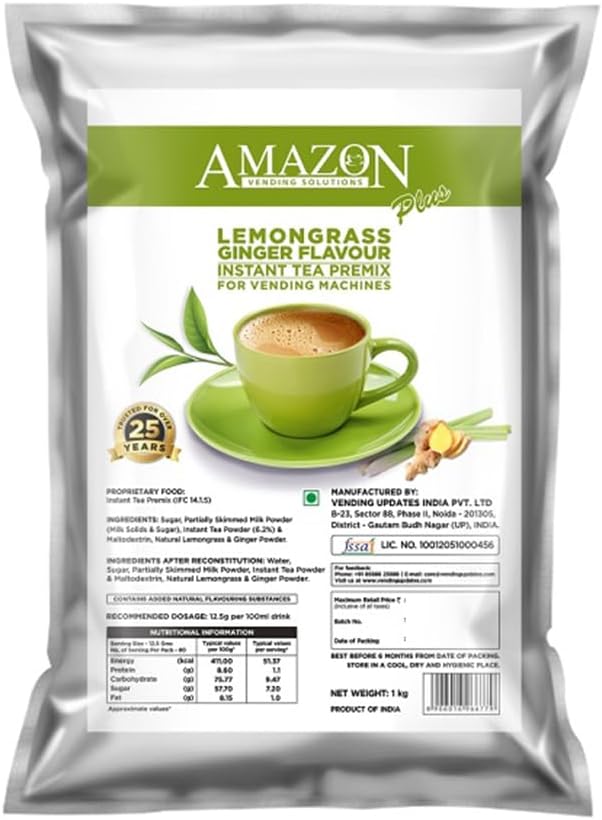 3 in 1 Lemongrass and Ginger Tea Instant Premix Roasted Dry Powder Tea, Milk and Sugar for Vending Machine 1 Kg Pack