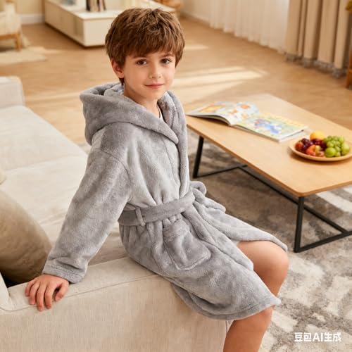 Image of Boys Girls Bathrobes,Toddler Boy Girl Robes,Children's Plush Soft Coral Fleece Hooded Pajamas Sleepwear for Kids