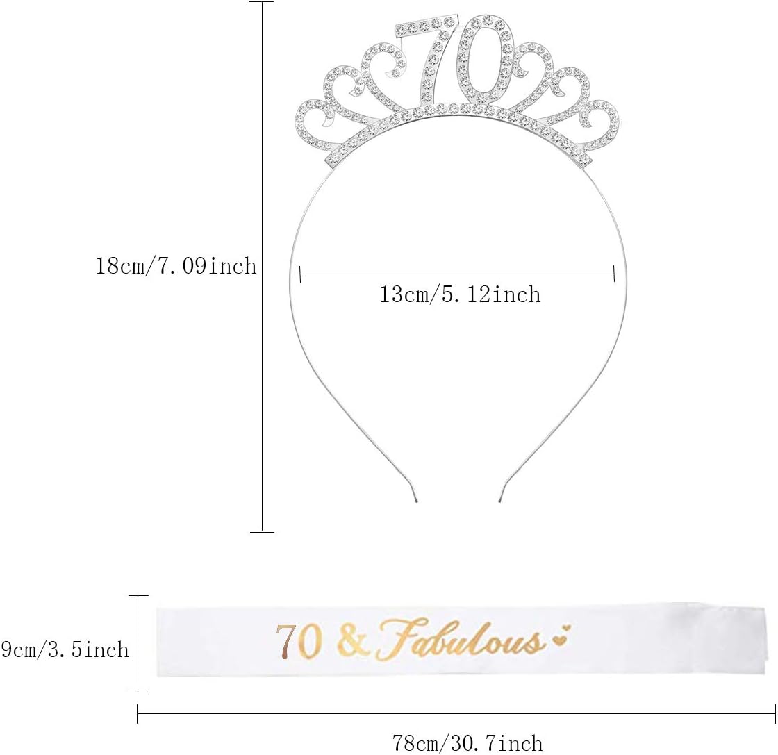 Fantasyon 70th Birthday Tiara and Sash, Happy Birthday Costume Set Crystal Tiara Princess Crown for 70 Years Old Gift Party Accessories - Image 3