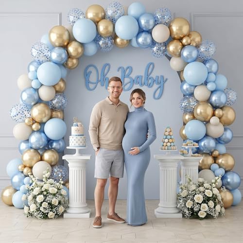 Image of Dusty Blue Gold Balloons, 60 Packs 12 Inch Blue Gold Balloon, Metallic Golden Blue Confetti Balloon with Sand White Balloon for Baby Shower Bridal Shower Gender Reveal Birthday Wedding Party