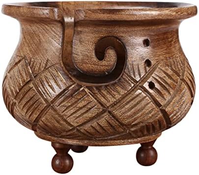 Wooden Yarn Storage Bowl, Wooden Yarn Bowl for Crochet, Knitting Yarn Bowl with Holes Storage Handmade to Prevent Slipping, Mother's Day Gift, Christmas Day, Antique Brown Color Size - 6"Dia x 4.5"H,