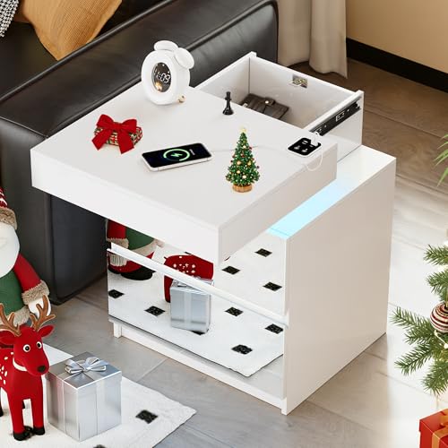Vlsrka Verspiegelt Nachttisch mit Geheimfach, LED Nachttisch mit Ladefunktion, Hoch Nachttische Abschließbar, 3 Schubladen mit Spiegel, 3 Farben Licht, USB und USB-C, Bewegungssensor, Weiß Hochglanz