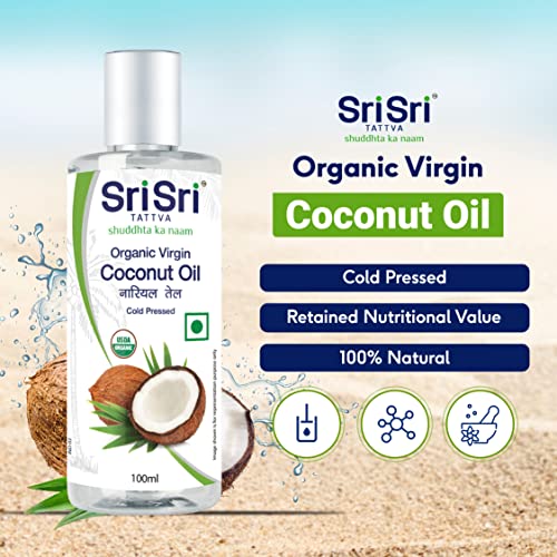 Image of Sri Sri TATTVA shuddhta ka naam Organic Virgin Coconut Oil, 100ml (Pack of 3) - Cold Pressed, Natural, Pure Coconut Oil for Healthy Hair and Skin Care - Suitable for Cooking