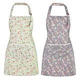 Livdouyu 2 Stück Kochschürzen für Damen mit Blumenmuster, 73x65 cm Küchenschürze mit Tasche, Komfortable Gartenschürze für Küche, Haushalt und Garten (Blau & Grün)