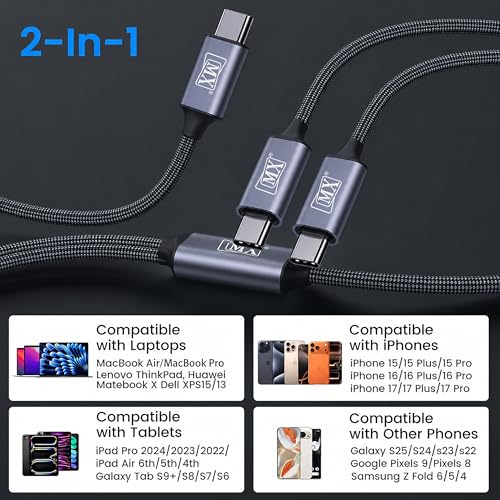 Image of MX 2 in 1 Type-C to Dual Type-C Cable 1M, 100W PD Fast Charging & Data Sync, Splitter Cord for MacBook Air /Pro, iPad, Samsung Galaxy, Laptop, Tablet, Power Bank & Compatible Devices