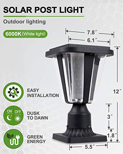 LOVUS Solar Post Light, 6000K Outdoor Solar Post Lantern LED Light with 3-Inch Pier Mount Base for Wood Fence, Pathway, Deck (White Light)