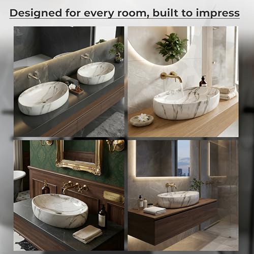 Image of Plantex Basin for Bathroom /Ceramic Table Top Wash Basin /Over Counter Washbasin for Restaurant /Hotel (CRETA-NS-203-Marble Finis, 23 x 15 x 5.5 Inch)