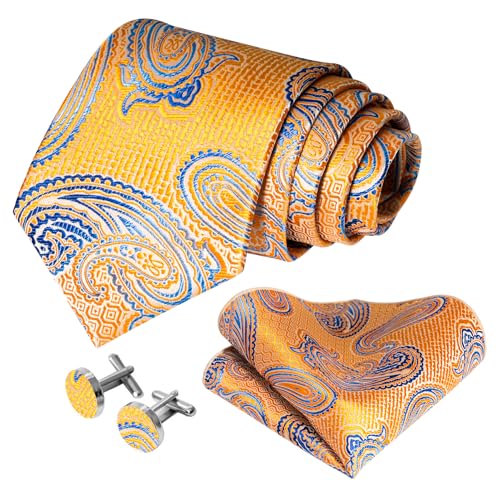 Image of 5PCS Mens Silk Designer Tie, Pocket Square, Cufflinks, Drilled Tie Ring and Lapel Pin Set for Wedding Groom Party