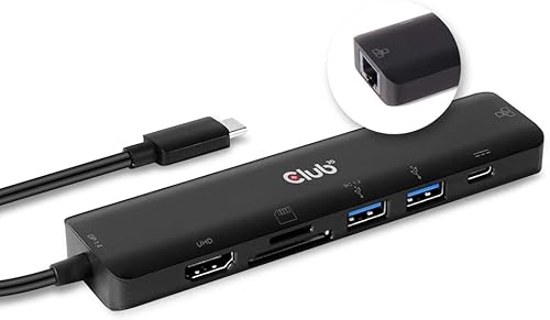 Club 3D Estación de acoplamiento portátil USB tipo C 3.2 Gen 1, 7 en 1 con HDMI HDR 4k 60Hz, Ethernet, tarjeta SD TF, entrega de energía 3.0. 2X USB