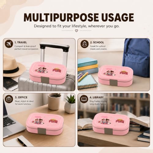 Image of Stainless Steel Lunch Box | Tiffin Box for School Office College | Lunch Box with Spoon & Small Container (Pink 1 Brunch Box)