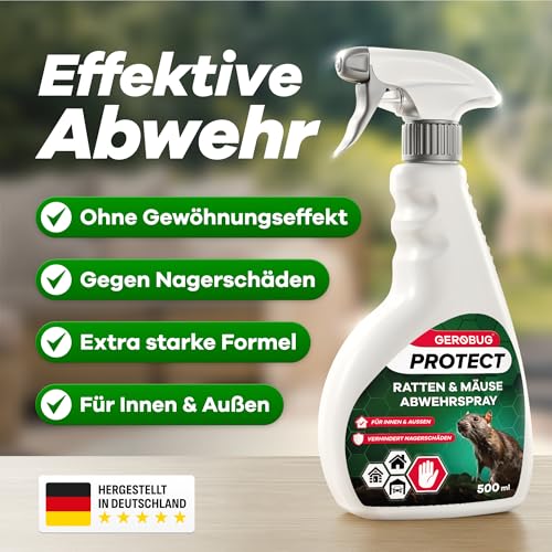 Gerobug Ratten & Mäuseabwehr Spray 500 ml mit Langzeitwirkung - Pfefferminzöl gegen Mäuse für Haus & Garten, hochwirksame Alternative zu Mäusegift oder Rattengift
