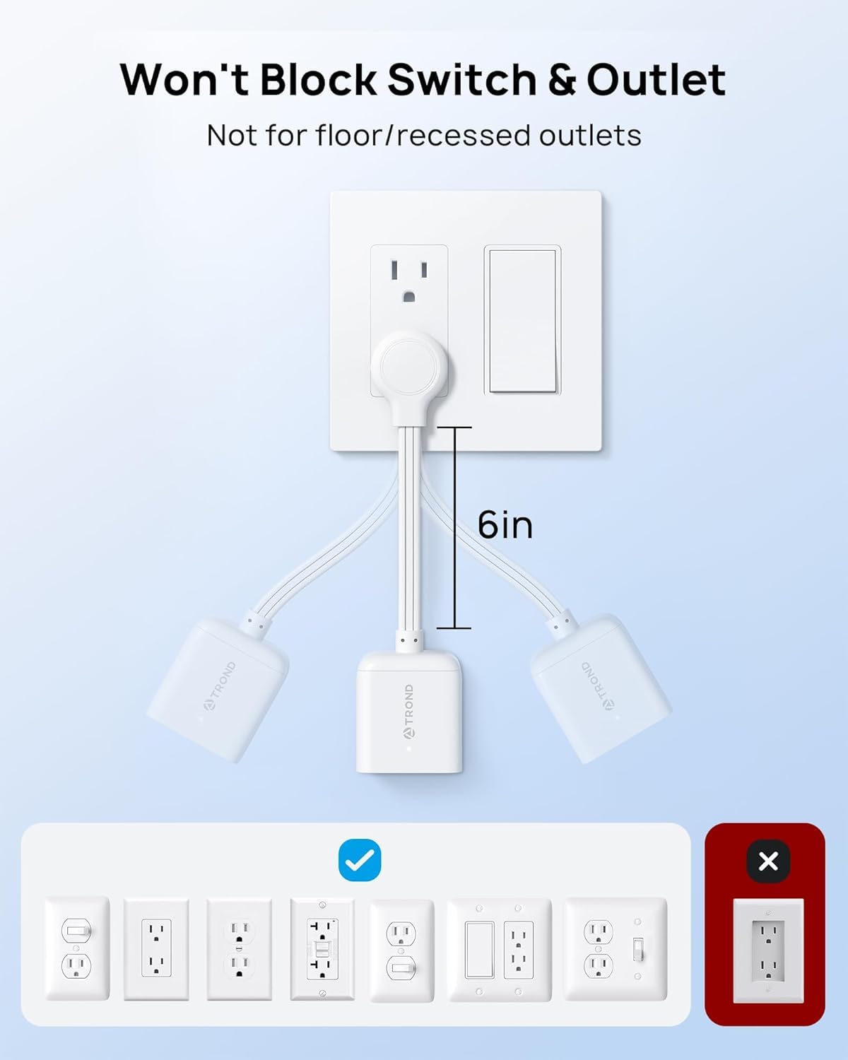 TROND Flat Outlet Extender - 6 Inch Cord -6 TROND Flat Outlet Extender - 6 Inch Cord -6