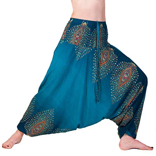 Panasiam - Pantaloni harem Aladino taglia unica M & L nuovo modello pochi esemplari lavorazione artigianale Pfau, turkis Taglia unica