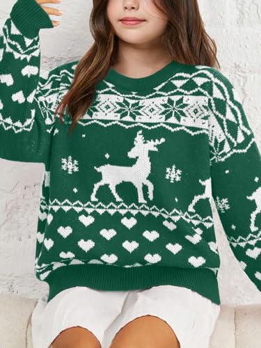 Image of Girls Christmas Pullover Sweaters Reindeer Elk Snow Long Sleeve Crew Neck Chunky Tops