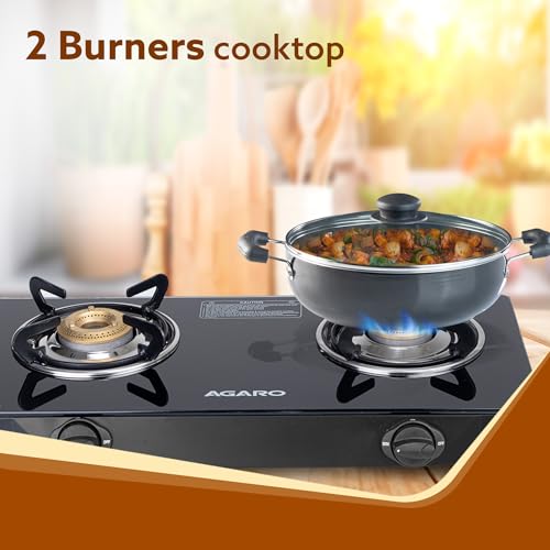Image of AGARO Elite 2 Burners Gas Stove, Toughened Glass Top, Round Brass Burners, 1 Small & 1 Medium Size Burner, Spill Proof Fixed Drip Tray, Manual Ignition, Kitchen Use, Regular Cooking Use, Black