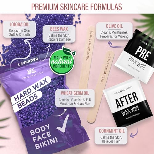 Image of Tress Wellness Award Winning Waxing Kit for Sensitive Skin - Safe for Face & Skin, Easy to Use - At-Home Kit for Face, Bikini, Brazilian & Full Body - Midnight Rose, No Display