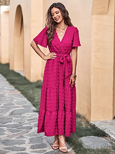 Image of MASCOMODA Women Boho Swiss Dot Maxi Dresses Wrap V Neck Flutter Short Sleeve Solid Tie Waist A Line Tiered Flowy Long Dresses