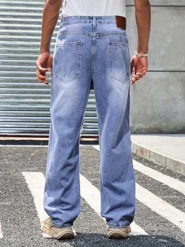 Mens Ripped Jeans Relaxed Fit Straight Leg Y2K Denim Pants Hip hop Streetwear Trousers Washed Light Blue2