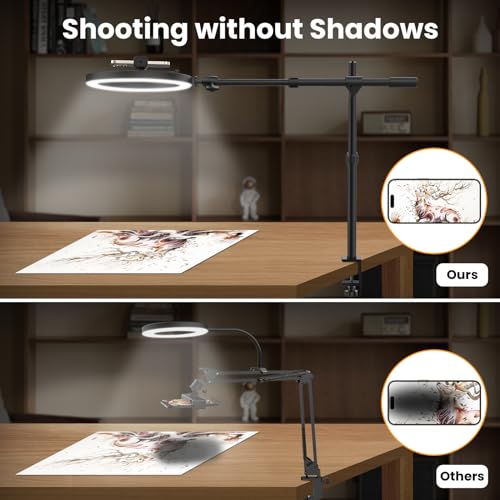Image of Ring Light for Desk with Overhead Phone Mount and Phone Holder - CRI >95 - Ring Light with Stand for Video Recording, Adjustable Desk Tripod with Ringlight for Artist /Painting /Content Creator /DIY