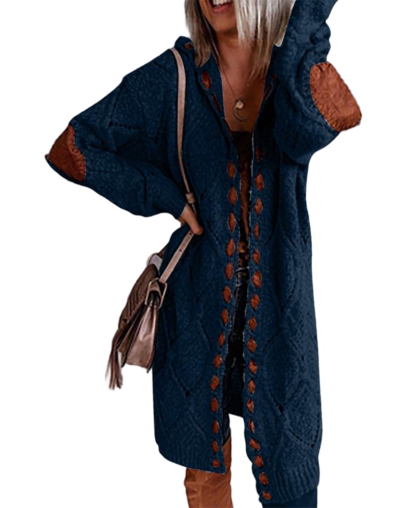 Womens 2025 Fall Oversized Open Front Long Sleeve Hooded Knit Long Cardigan Sweaters Patchwork Outerwear