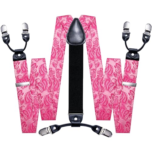 Image of Barry.Wang Men Suspender Set with Necktie Elastic Y Type Heavy Duty 6 Clips Braces Tie Handkerchief Cufflink Pin 6PCS