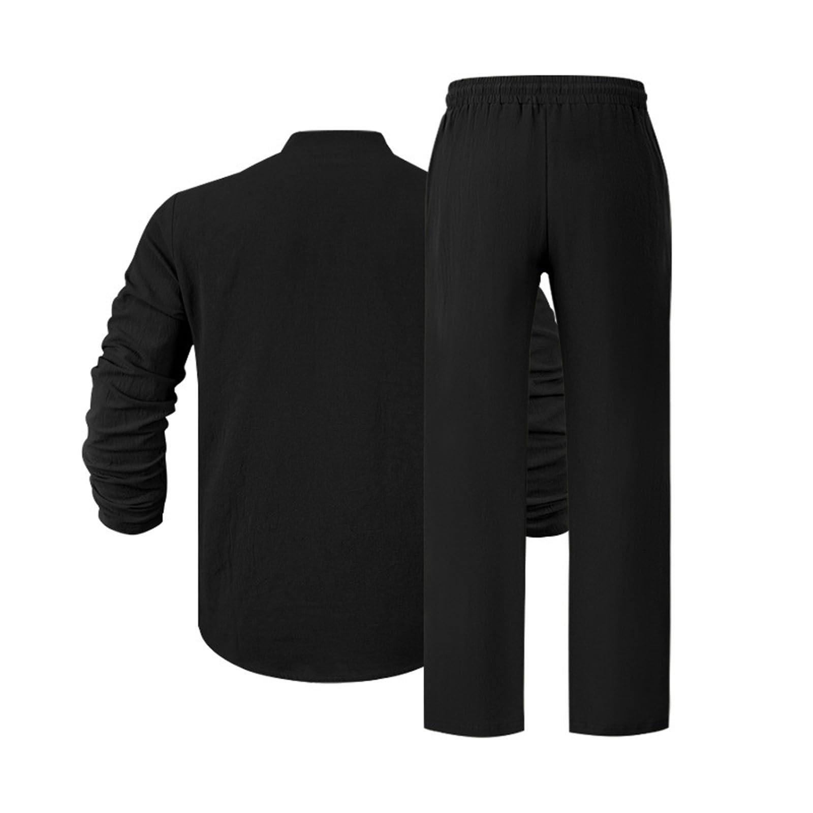 Camisa de lino para hombre, cuello en V, manga larga, pantalones casuales de otoño