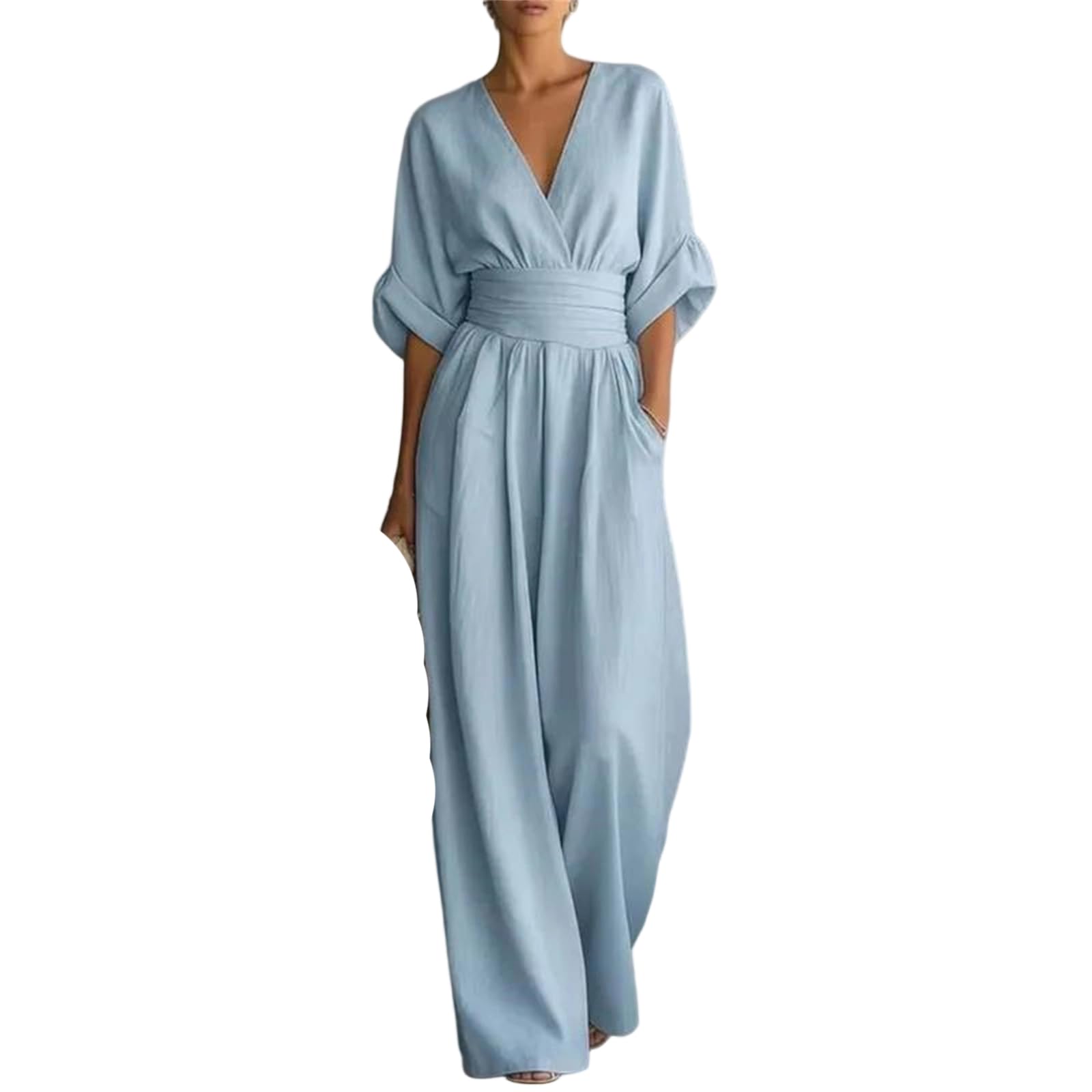 Yeuyyben Enterizo de media manga con cuello en V para mujer, cintura alta, pantalones de pierna ancha, estilo casual, traje de verano, trabajo, viajes