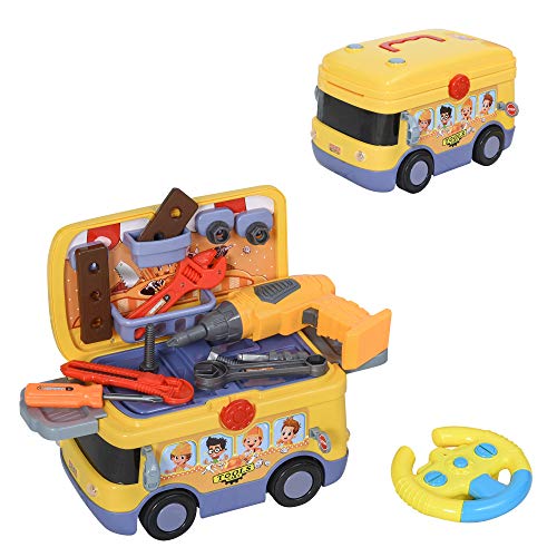 HOMCOM 3-in-1 Kinder Werkzeugwagen Werkzeugset R/C Bus 2,4GHz Ferngesteuertes mit Stauraum vielen Zubehören Licht&Musik für 3-9 Jahre Gelb 40,2 x 22,8 x 28,8 cm