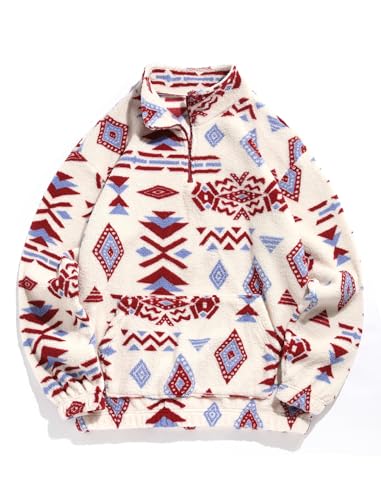 Image of ZAFUL Men 1 /4 Zipper Ethnic Aztec Fleece Unisex Winter Sweatshirt Tops 2026 | Funnel Neck Fluffy Polar Fleece Faux Sherpa Soft Thermal Pullover Kangaroo Pocket Jacket Hoodie Tops