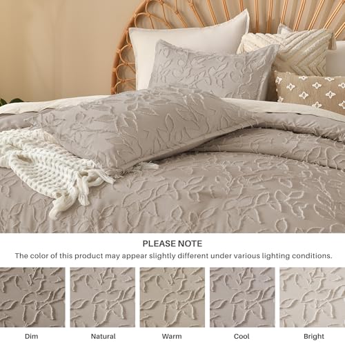 Image of Litanika Queen Size Comforter Set Light Coffee, 3 Piece Cream Boho Tufted Bedding, Fluffy Farmhouse Bed Set for All Season with 2 Leaf Pattern Pillowcases(90x90In)