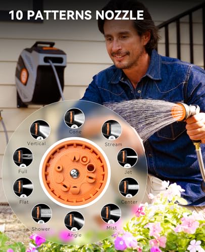 SUNPOW Retractable Garden Hose Reel - 1/2 inch x 50ft Wall Mounted Hose Reel with 3/4 inch Brass Fitting & 10 Function Sprayer Nozzle - Any Length Lock, Auto Rewind System, 180°Swivel Bracket - Grey