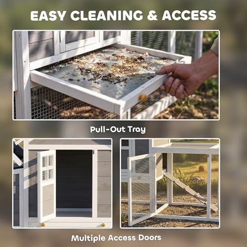 Image of PawHut 82 inch Wooden Chicken Coop, Large Outdoor Hen House Poultry Hutch for 2-3 Hens, Chicken House with Nesting Box, Pull-on Tray, Waterproof Roof, Ramp and Roosting Bars for Backyard, Gray