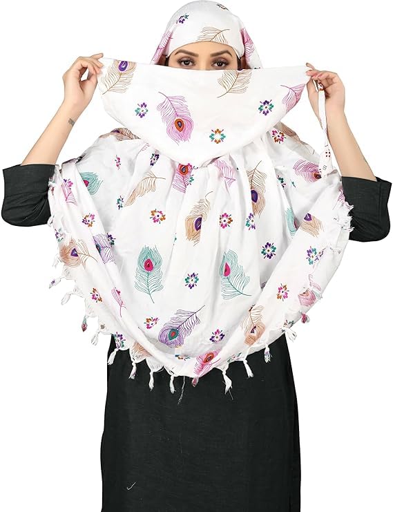 Image of Cotton Long Scarf Cum Mask Scarves Usable for Vehicle Driver | White Printed Design Fabric | Universal Size | Soft & Breathable Sun Protection | For Girl & Women