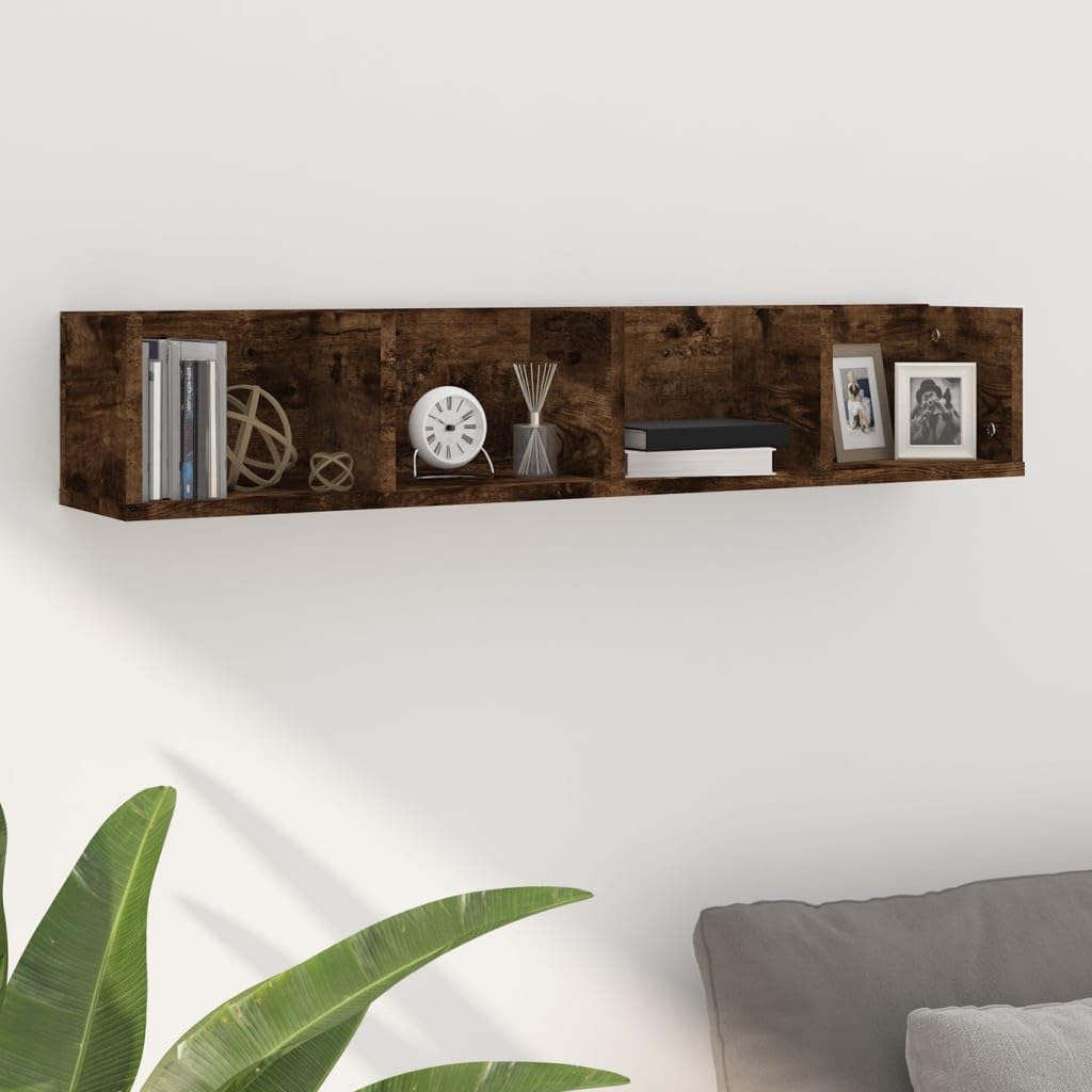 Mensola Parete Porta CD 100x18x18cm Legno Multistrato Rovere Fumo | Mobiletto pensile con 4 scomparti per esporre libri, console e decoder in soggiorno o in camera da letto.
