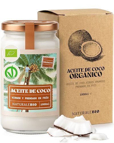NaturaleBio Aceite de Coco Ecológico Virgen 1000 ml. Crudo y prensado en frío. Orgánico y Natural. Aceite Bio Nativo no Refinado. País de Origen Sri Lanka.