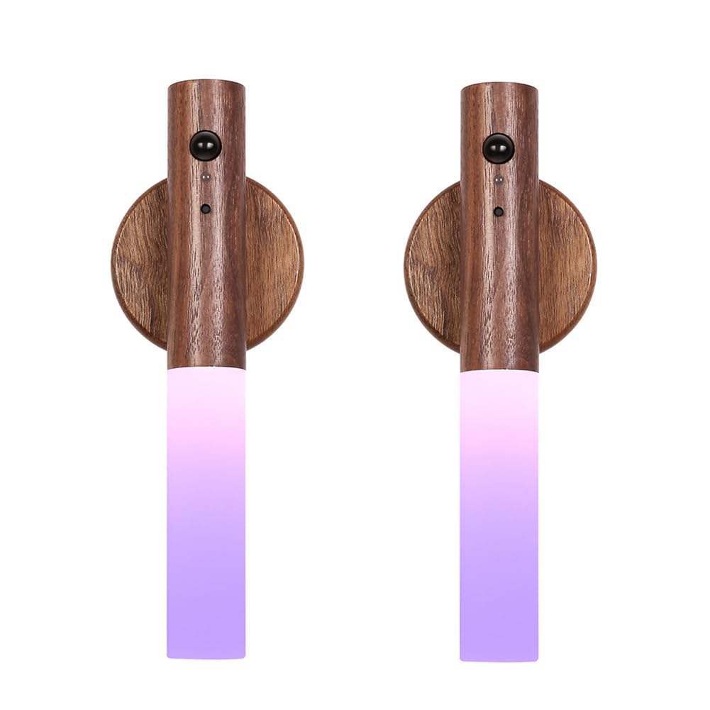 LANDGOO Motion Sensor Color Changing Night Light, RGB Atmosphere Light, Rechargeable Battery Powered LED Portable Wooden Wall Sconce for Party Decor (RGB Walnut Wood 2PCS)