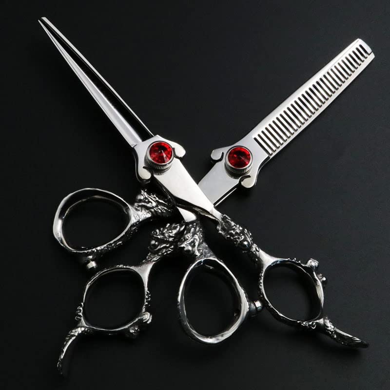 Hair Cutting Shears, 6 Inch Professional Hairdressing Scissors Set Cutting And Thinning Barber Shears Dragon Handle Ruby Style (Color : Set)