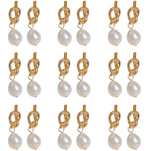 9Pcs Bridesmaid Earrings Bridesmaid Proposal Gold Pearl Knot Earring Statement White Pearl Dangle Earring for Wedding Party Birthday Prom Jewelry