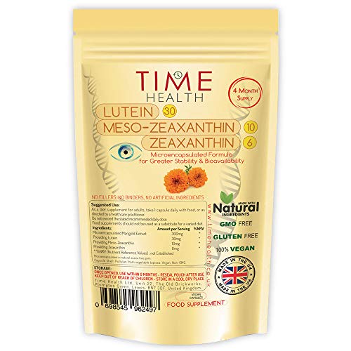 Lutéine: Formule lutéine 30mg + méso-zéaxanthine 10mg + zéaxanthine 6mg microencapsulé - 100% pure naturel - Très biodisponible - Fabriqué au Royaume-Uni (120 capsules - poche)