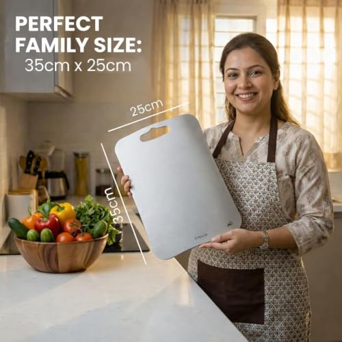 Image of 304 Stainless Steel Rectangular Chopping Board, 36 x 25 cm, Medium | For Kitchen, With 2 Steel Straw, Anti-Skid Silicon Pad