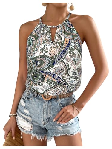 Image of RoseSeek Women's Boho Paisley Print Halter Tops Cut Out Going Out Tops