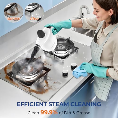 Image of Steam Cleaner, Pressurized Handheld 13pcs Multi-Purpose Natural Deep Cleaning Steamer, Portable Steamer for Cleaning Home, Grout, Kitchen, Car, Window, Upholstery, Bathroom and Clothes, White