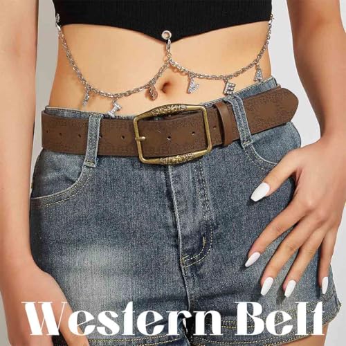 Western Belt for Women Men Metal Buckle Waist Belt Country Cowboys Cowgirls Belt for Jeans Pants Dress4