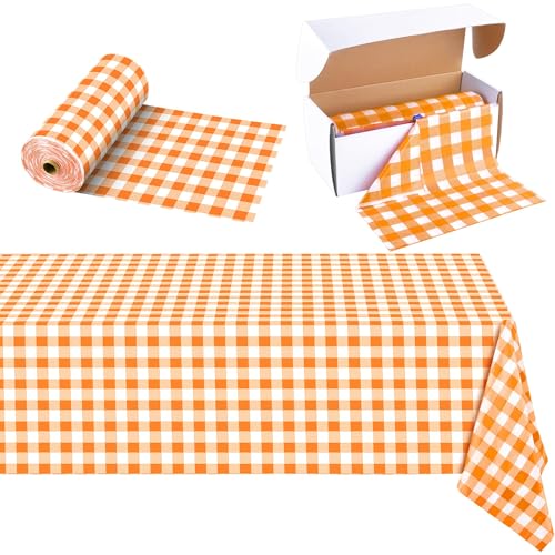 Image of Kochorie 54 Inch x 300 Ft Orange Checkered Plastic Table Cloth Roll Disposable Waterproof Plastic Cover Roll with Easy Slide Cutter for Outdoor Picnic /Home Dining /Fall Thanksgiving Party Decoration