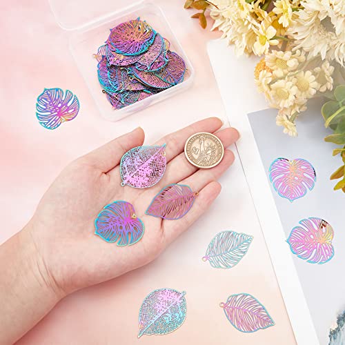 DICOSMETIC 42pcs 3 Styles 201 Stainless Steel Filigree Monstera Leaf Pendants Tropical Leaf Pendants Rainbow Color Plant Charms for Jewelery Making,0.3mm thick - Image 2