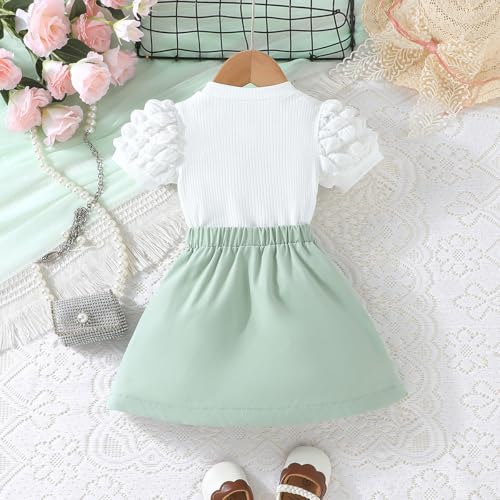 Image of 2-7Y Toddler Girl Skirt Set Kid 2Pcs Outfits Puff Short Sleeve Top Pleated Skirt with Bowknot Spring Summer Clothes