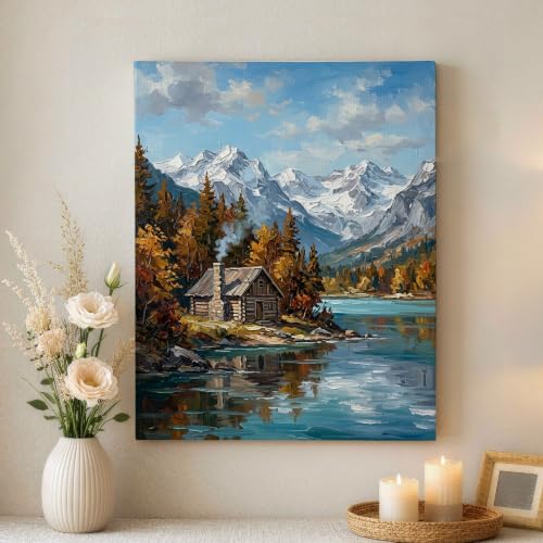 Cuadro de paisaje otoñal con lago y montañas de 40x50 cm para decoración de salón