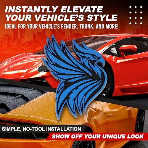 Image of Phoenix Emblem 3D Bird Badge, Custom Car Decal Sticker - Durable Exterior Trunk, Hood, Fender for Car, Truck, SUV (Set of 2) (Blue)