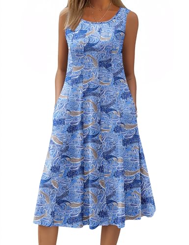 Image of HOTOUCH Summer Casual Dresses for Women Sleeveless Midi Dress Swing Tank Sundress Pleated Tshirt Dress with Pockets